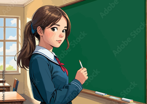 a girl writing on a blackboard in a classroom
