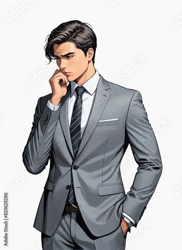 a man in a suit and tie standing with his hand on his chin