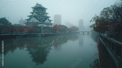 A rainy day at Osaka Castle  the fortress towering amidst a grey sky