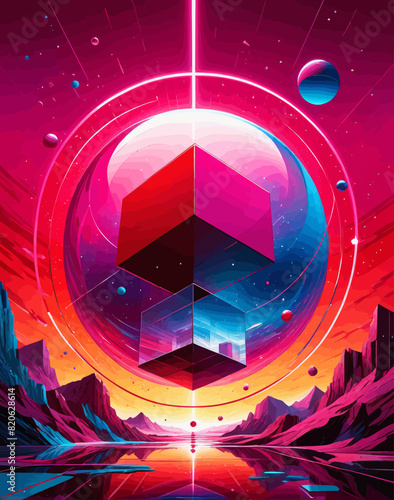 a stylized illustration of a cube in the middle of a landscape