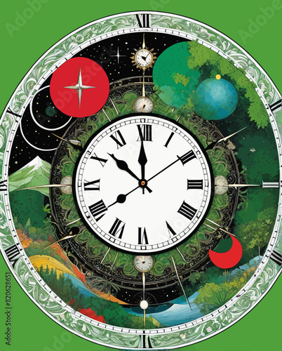 a clock with a green background and a white face
