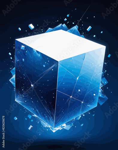 a blue cube on a dark background with a lot of stars