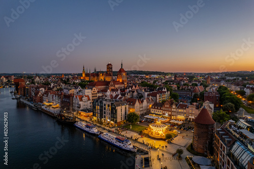 Aerial summer evening view of Gdansk old town, Poland