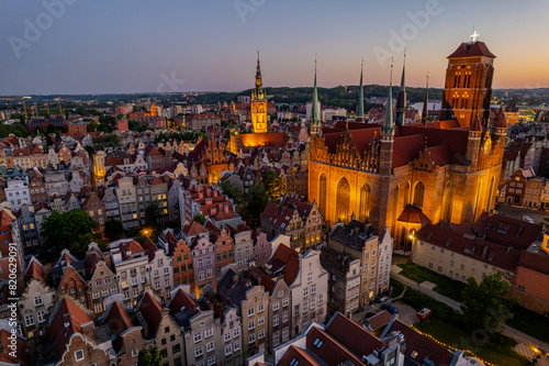 Aerial summer evening view of Gdansk old town, Poland