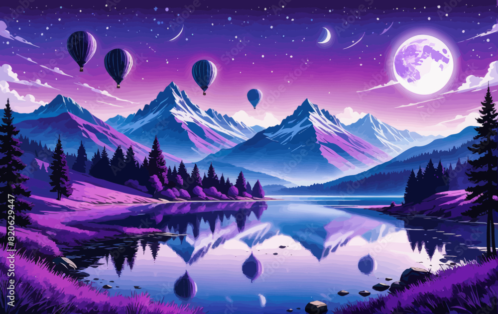 a painting of a mountain lake with hot air balloons in the sky