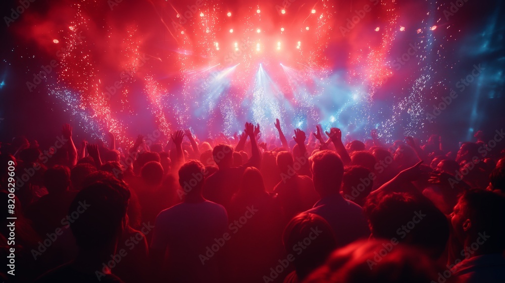 Crowd celebrates at a lively music concert with vibrant lights in the evening.