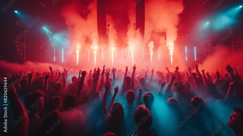Excited crowd enjoying concert with colorful lights and smoke effects at night.