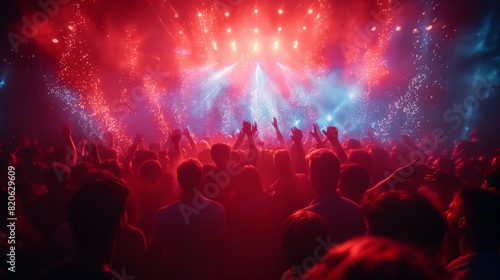 Crowd celebrates at a lively music concert with vibrant lights in the evening.