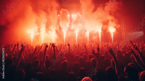 Excited crowd enjoying concert with colorful lights and smoke effects at night.