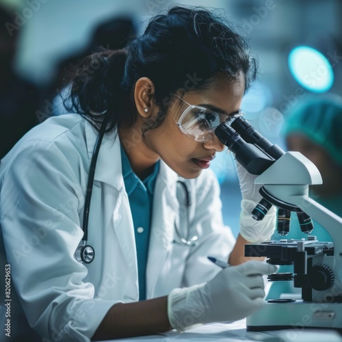 Scientist using microscope in laboratory style, wearing white lab coat working on and analyzing research project with team of doctors, pharmaceutical and healthcare professionals
