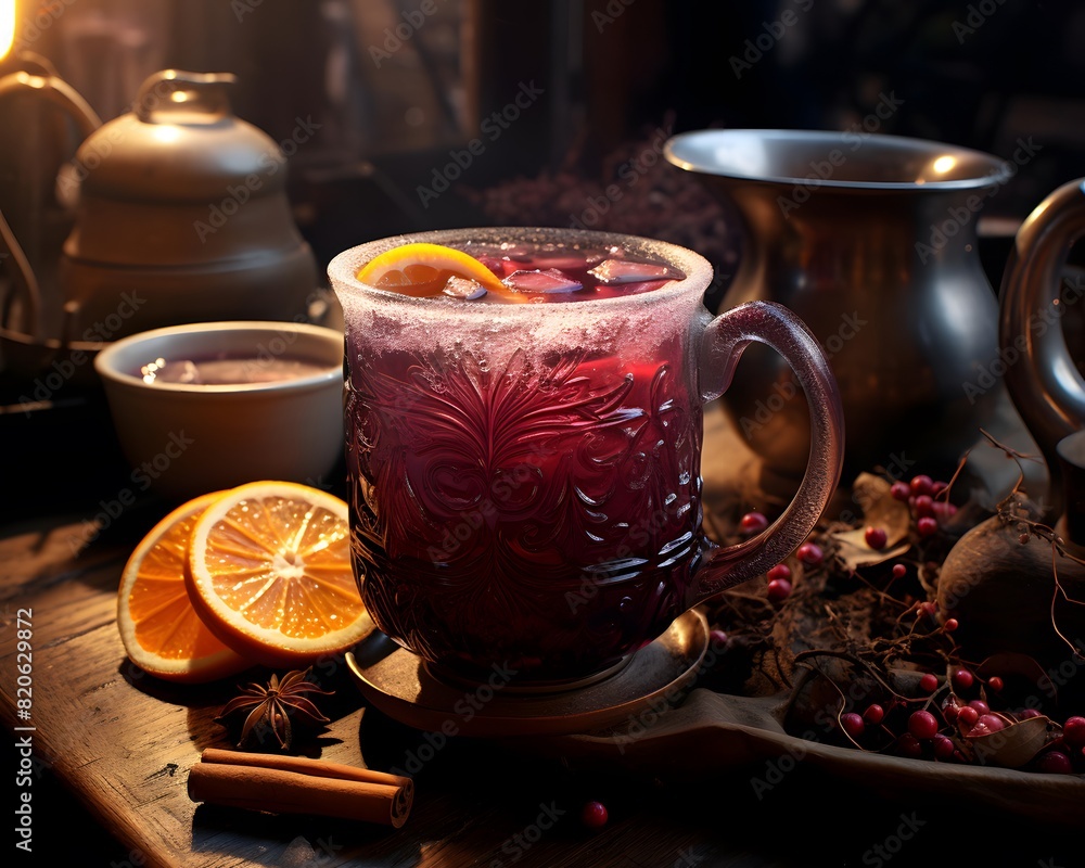 Hot mulled wine with spices and fruits on a wooden table.