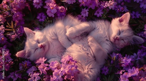 Two white kitten laying on its back in purple flowers, aerial view, drone shot, wide angle, hyper realistic photography in the style. copy space for text. photo