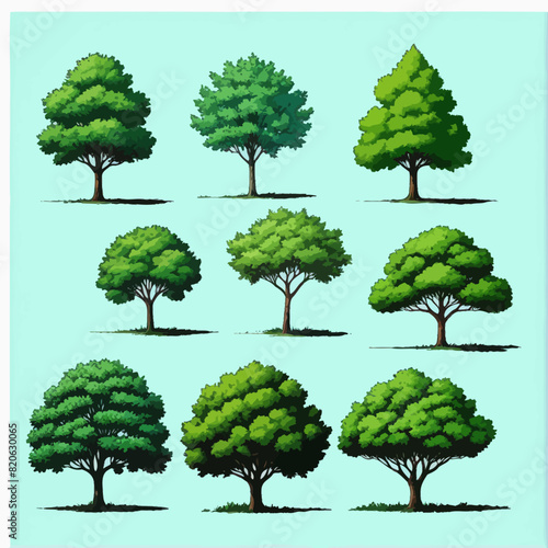 a bunch of different trees on a blue background
