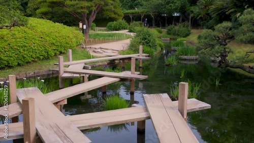 Traditional Japanese garden with a wooden bridge. Okayama Koishikawa Korakuen garden in Japan. Summer garden in Japan, gimbal shot photo