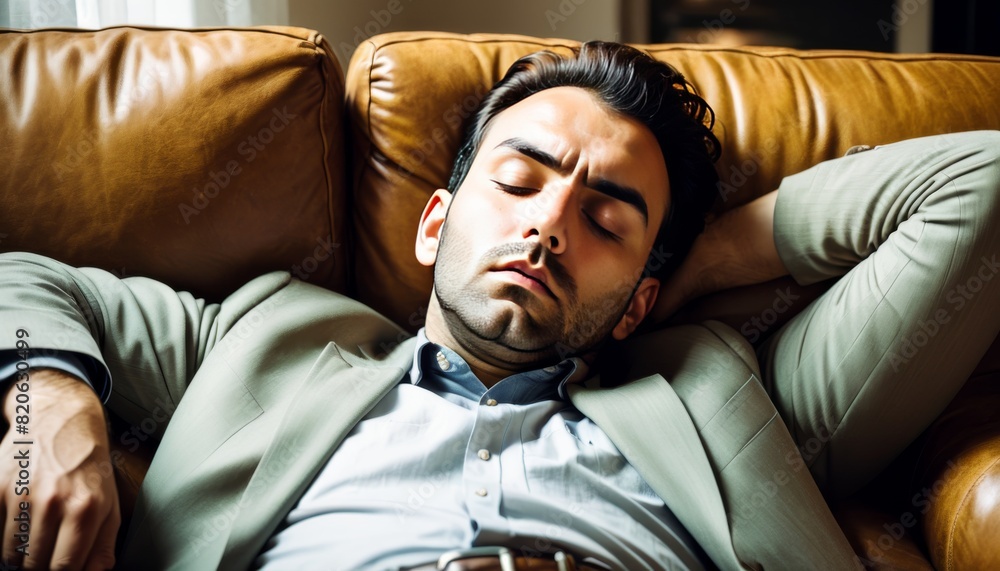 Exhausted businessman in formal attire taking a power nap on a brown leather couch, capturing a moment of rest amidst a busy schedule.. AI Generation Exhausted businessman in formal attire taking a power nap on a brown leather couch, capturing a moment of rest amidst a busy schedule.. AI Generation
