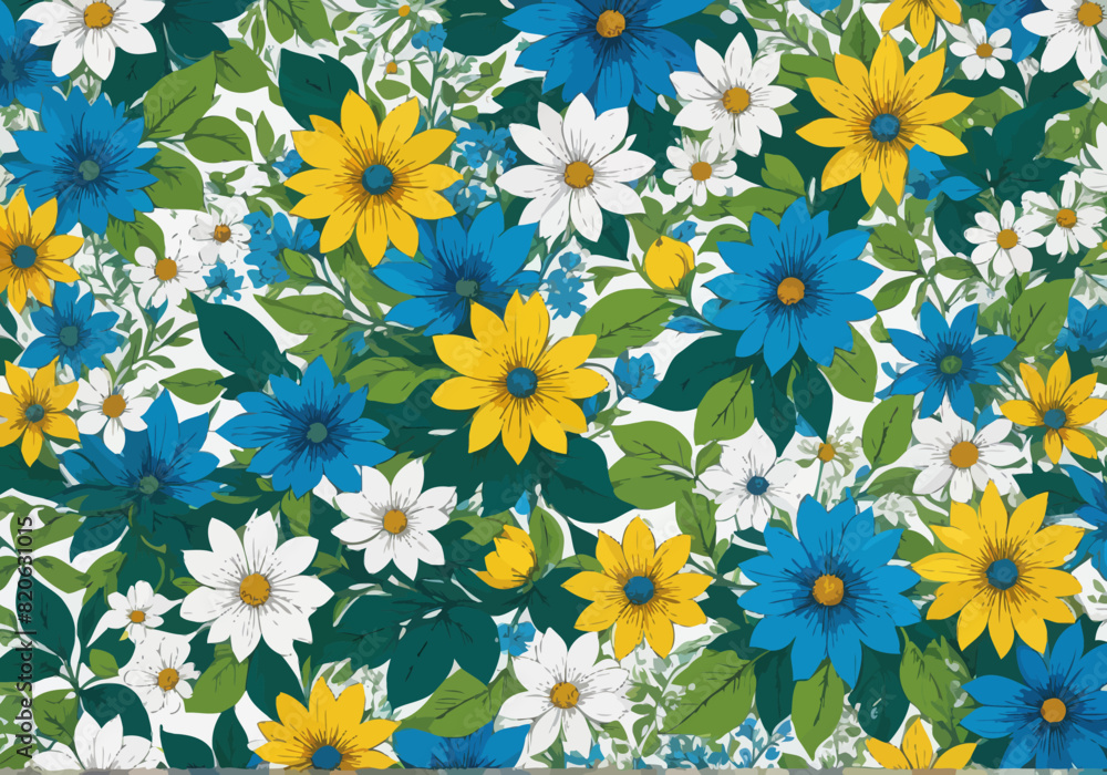 a flowery background with blue, yellow and white flowers a flowery background with blue, yellow and white flowers