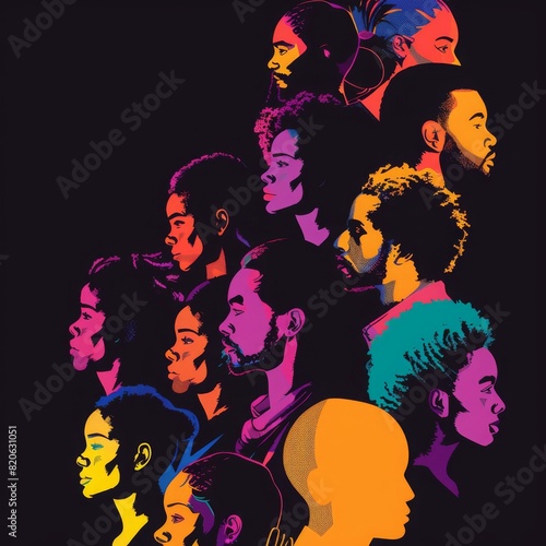 Colorful silhouettes of a diverse and multicultural community. Illustration of a multiethnic group of people, portraits in simple colors 