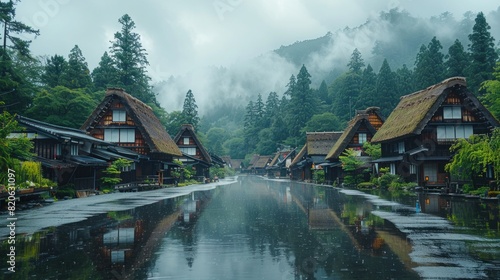 The historic village of Shirakawa-go  traditional thatched-roof houses under a gentle rain