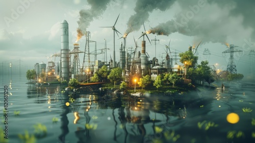 Conceptual image of a green energy transition, with traditional oil and gas infrastructure gradually replaced by renewable energy sources, generative ai