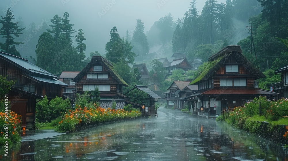 Fototapeta premium The picturesque village of Gokayama, with its gassho-zukuri houses under the rain