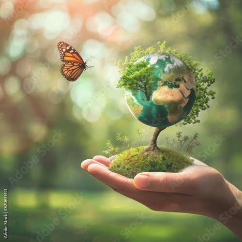 A hand holds a glass ball containing a small green tree bud in its palm. Above him were butterflies flying. Environmental ecology in natural light blur background