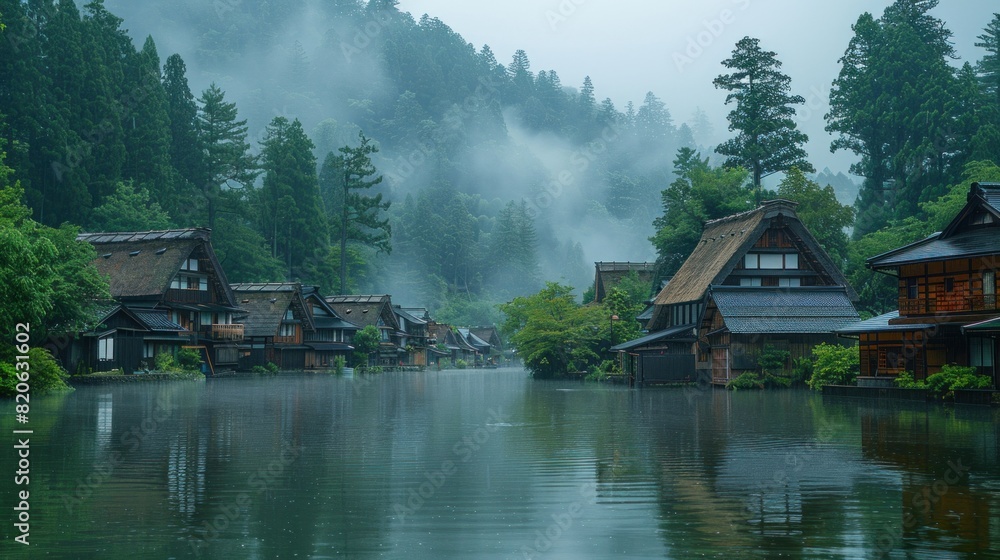The picturesque village of Gokayama, with its gassho-zukuri houses under the rain The picturesque village of Gokayama, with its gassho-zukuri houses under the rain