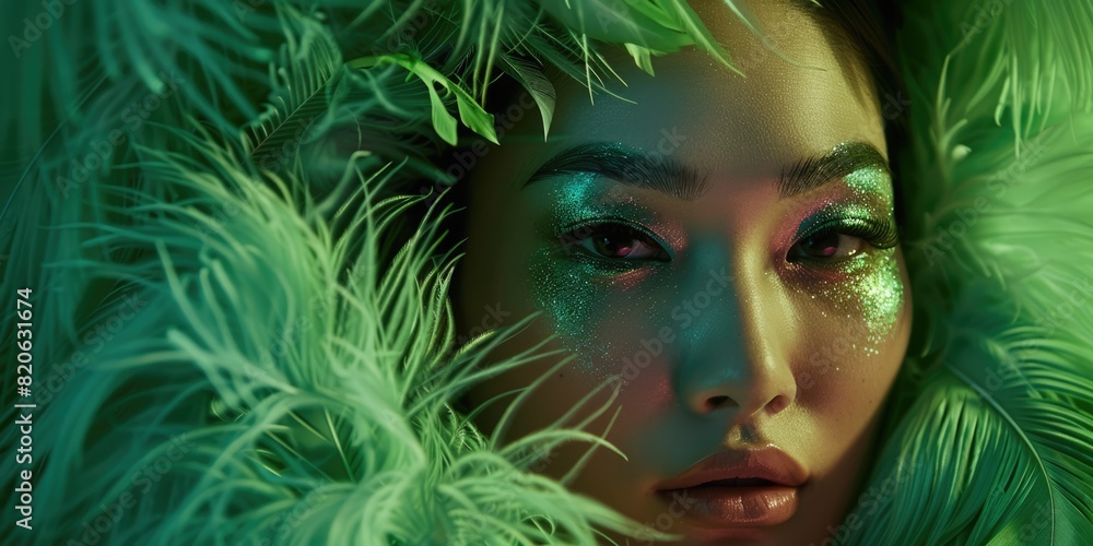 pretty asian woman with chiseled feathers in green pretty asian woman with chiseled feathers in green