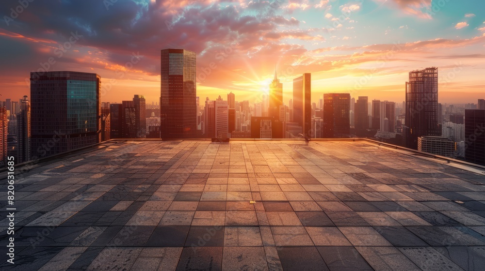 Dramatic Skyline Sunset: Photograph the empty roof space at sunset, with the warm glow of the setting sun illuminating the surrounding skyscrapers. Generative AI Dramatic Skyline Sunset: Photograph the empty roof space at sunset, with the warm glow of the setting sun illuminating the surrounding skyscrapers. Generative AI