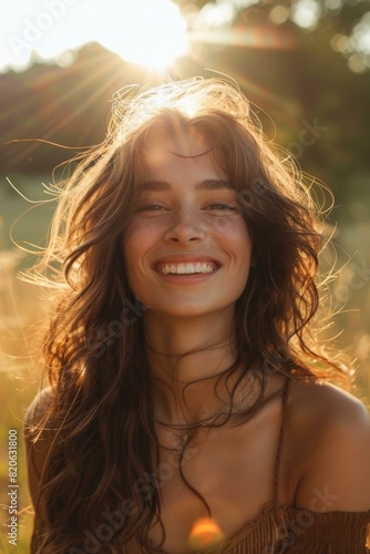 Smiling Woman with Long Brown Hair in a Field