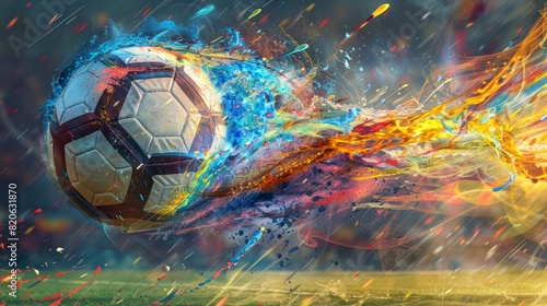 Dynamic soccer ball bursting with colorful energy photo
