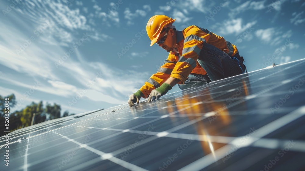 Electrical technician at work, solar power engineer installing solar panels on the roof, alternative renewable green energy producing concept. GENERATE AI Electrical technician at work, solar power engineer installing solar panels on the roof, alternative renewable green energy producing concept. GENERATE AI