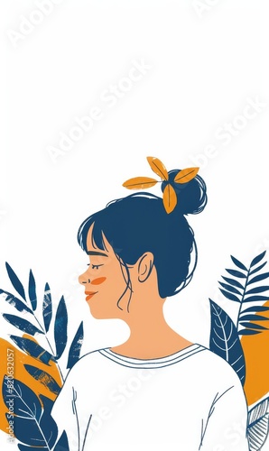 Minimalist Asian Woman with Blue Plants - Vector Art