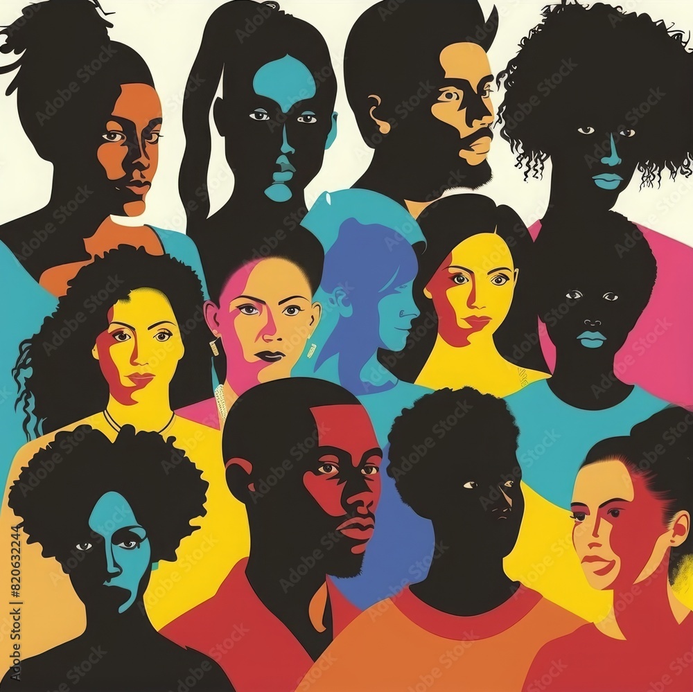 Colorful silhouettes of a diverse and multicultural community. Illustration of a multi-ethnic group of people, crowded people