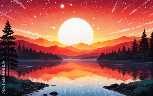 a painting of a sunset over a mountain lake