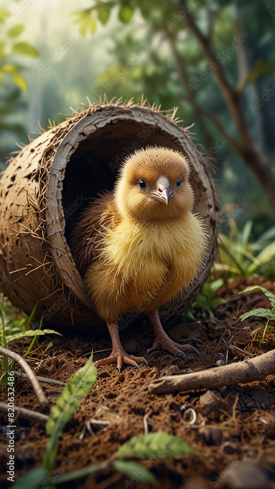 Obraz premium Watercolor painting: A kiwi chick venturing out of its burrow for the first time, its tiny wings and sturdy legs carrying it into a world of adventure.