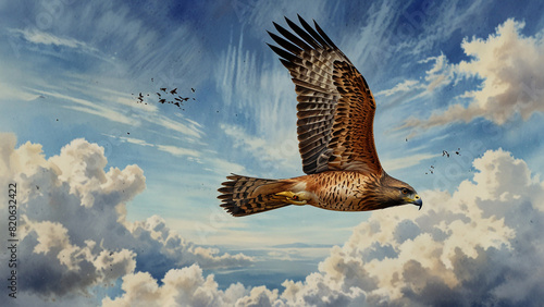 Watercolor painting: A hawk diving through the sky, its incredible speed and precision honed by years of hunting experience. photo