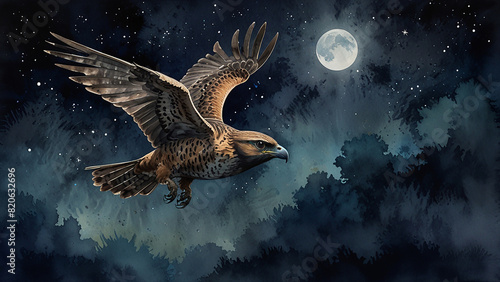 Watercolor painting: A nighthawk sweeping through the night sky, its silent flight and agile hunting skills honed by generations of adaptation. photo