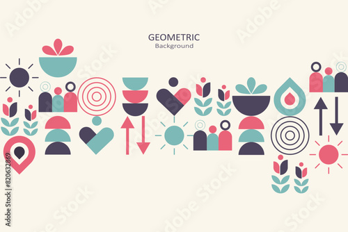 Abstract colorful flat geometric on a beige background, template design with the simple shape of circles and symbols. Minimalist design with free space. Family concept. Vector Illustration.