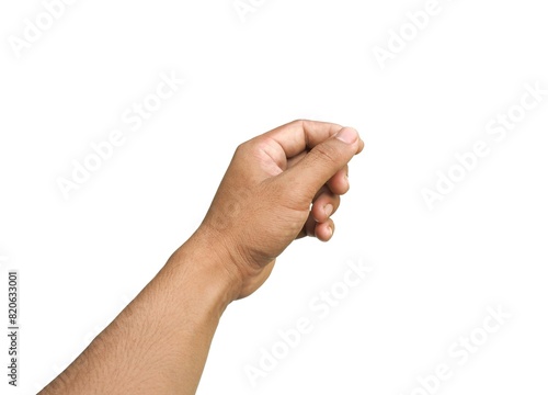 Male hands gesture holding cards or business cards. Some types of documents Identification card or passport Or do a mini heart pose. Isolated on a white background.