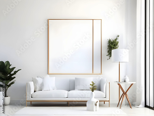 Blank horizontal poster frame mock up in scandinavian style living room interior  modern living room interior background  beige sofa and pampas grass  3d rendering