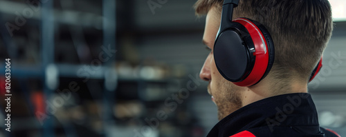 Side View of Worker Wearing Ear Protection in Industrial Area