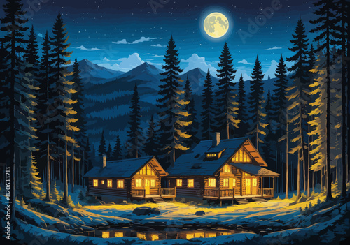 a painting of a cabin in the woods at night