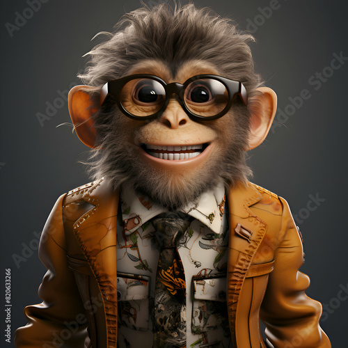 Funny monkey in leather jacket and glasses. 3d illustration.