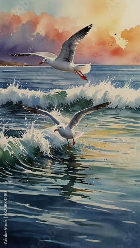 Watercolor painting: A seagull swooping down to snatch a fish from the water, its agility and opportunism ensuring its survival in a competitive environment,