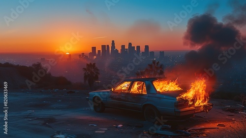 Getaway car on fire, abandoned on Mulholland drive. Sunset. Deep blue sky. View of los angeles skyline in the background. Cinematic lighting. copy space for text.