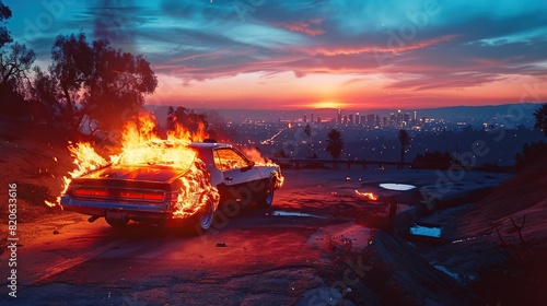 Getaway car on fire, abandoned on Mulholland drive. Sunset. Deep blue sky. View of los angeles skyline in the background. Cinematic lighting. copy space for text. photo