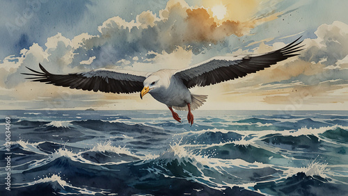 Watercolor painting: An albatross soaring above the open ocean, its enormous wingspan and tireless flight a testament to its incredible endurance