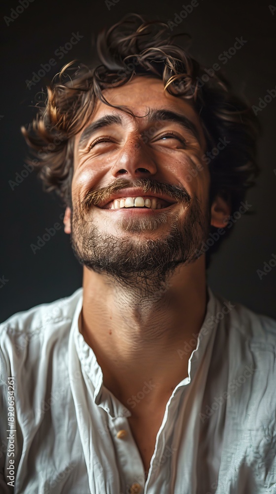 portrait of a joyful young man with curly hair and mustache portrait of a joyful young man with curly hair and mustache