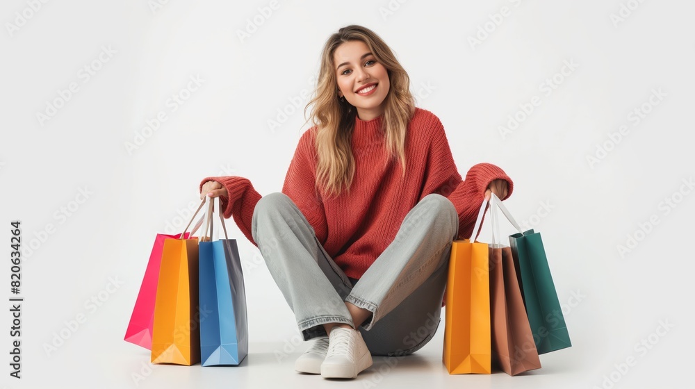 A happy young woman, looking stylish and successful with colorful shopping bags, relaxes on the floor after a spree. She exudes a casual, fashionable vibe, enjoying retail therapy