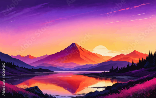 a painting of a sunset over a mountain lake